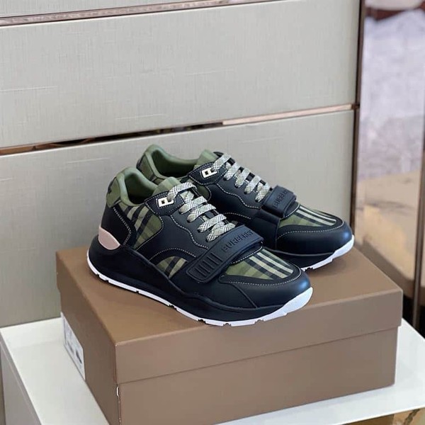 BURBERRY CHECK LACE-UP SNEAKERS IN MILITARY GREEN - BBR008 - Image 4