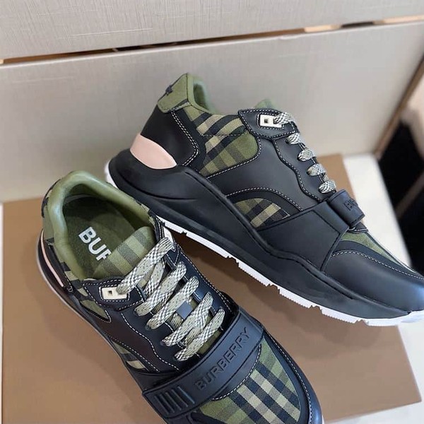BURBERRY CHECK LACE-UP SNEAKERS IN MILITARY GREEN - BBR008 - Image 7