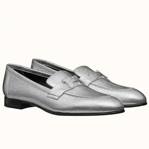 Hermes Women's Paris Loafers In Silver Metallic Goatskin - HM082
