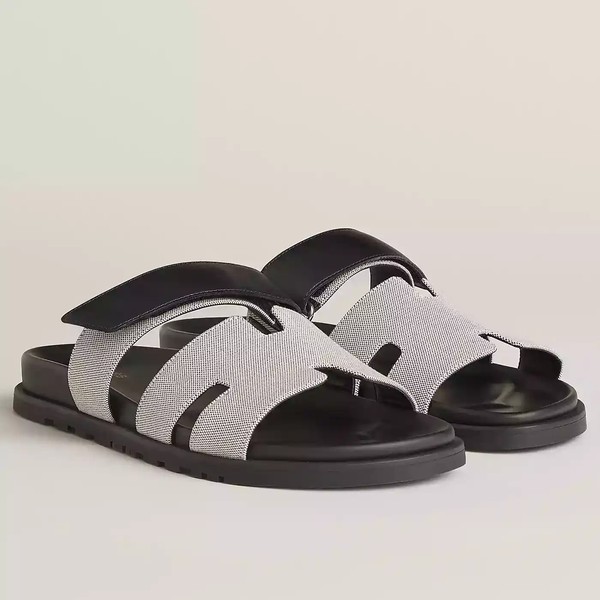 HERMES WOMEN'S CHYPRE SANDALS IN CANVAS WITH BLACK LEATHER - HMSD014