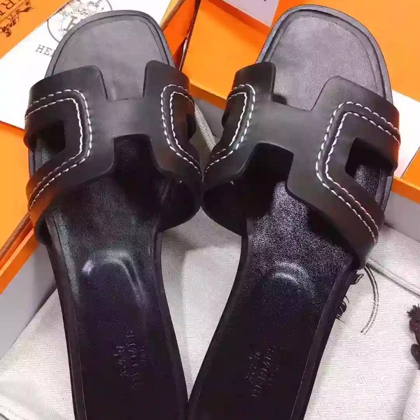 HERMES ORAN SLIDE SANDALS IN BLACK LEATHER WITH STITCHED - HMSD044 - Image 5