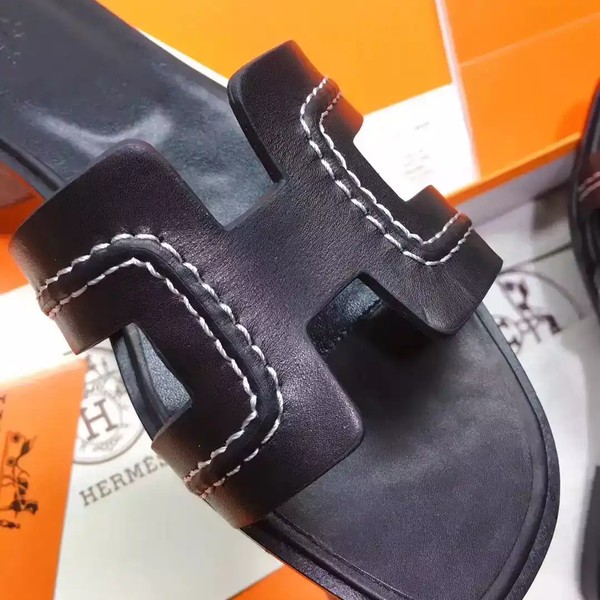 HERMES ORAN SLIDE SANDALS IN BLACK LEATHER WITH STITCHED - HMSD044 - Image 6