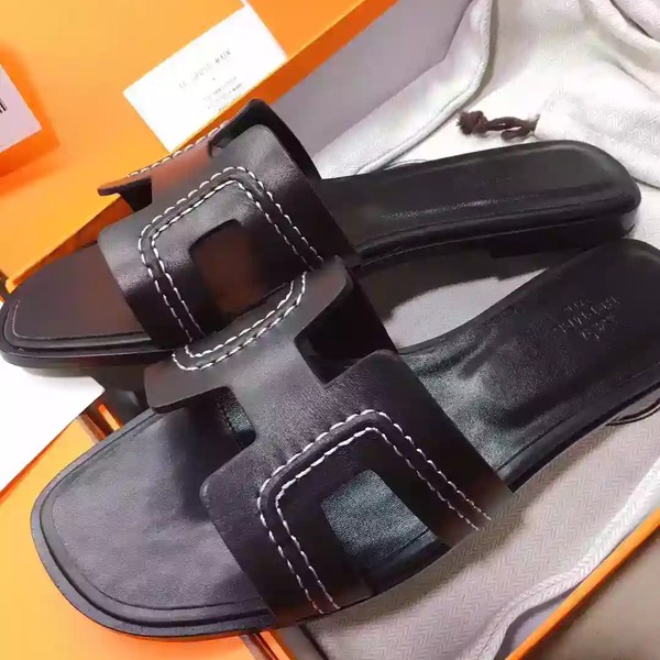 HERMES ORAN SLIDE SANDALS IN BLACK LEATHER WITH STITCHED - HMSD044 - Image 7