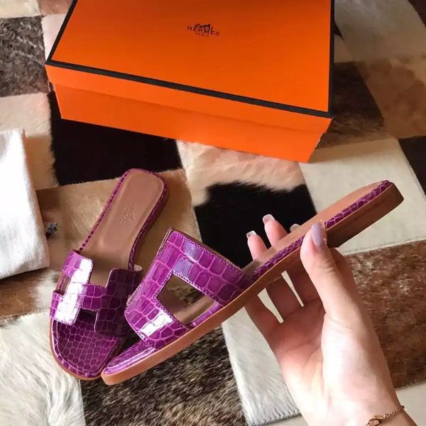 HERMES ORAN SLIDE SANDALS IN PURPLE SHINY NILOTICUS CROCODILE SKIN - HMSD054 - Image 3