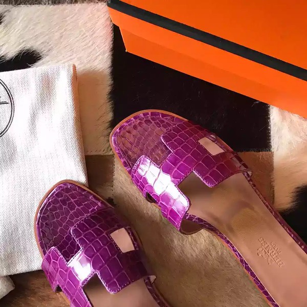 HERMES ORAN SLIDE SANDALS IN PURPLE SHINY NILOTICUS CROCODILE SKIN - HMSD054 - Image 6