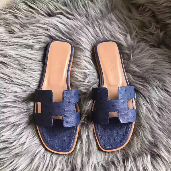 HERMES ORAN SLIDE SANDALS IN BLUE ROY OSTRICH LEATHER - HMSD076 - Image 2