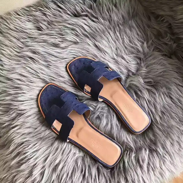 HERMES ORAN SLIDE SANDALS IN BLUE ROY OSTRICH LEATHER - HMSD076 - Image 5