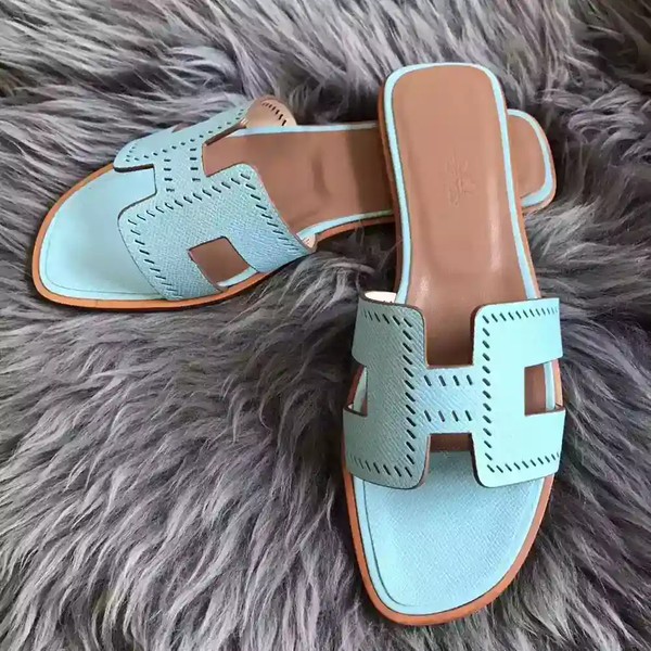 HERMES ORAN SLIDE SANDALS IN BLUE ATOLL EPSOM PERFORATED CALFSKIN - HMSD094