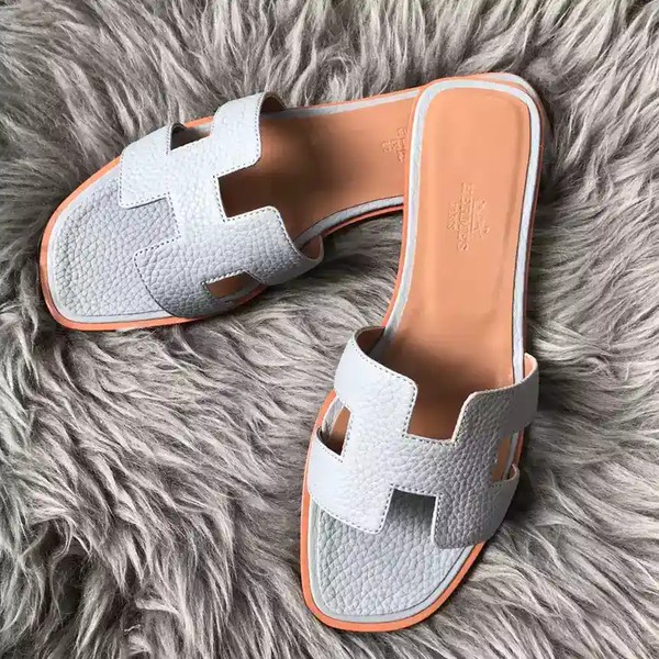 HERMES ORAN SLIDE SANDALS IN BLUE LIN CLEMENCE LEATHER - HMSD106