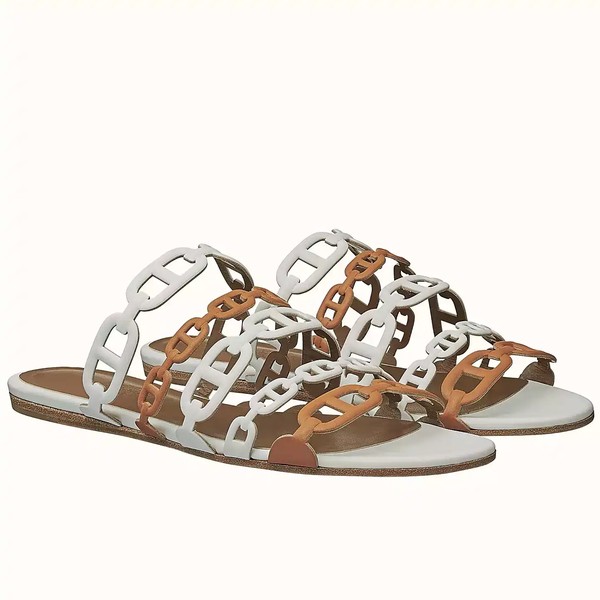 HERMES THALASSA SLIDE SANDALS IN BROWN/WHITE LAMBSKIN - HMSD136