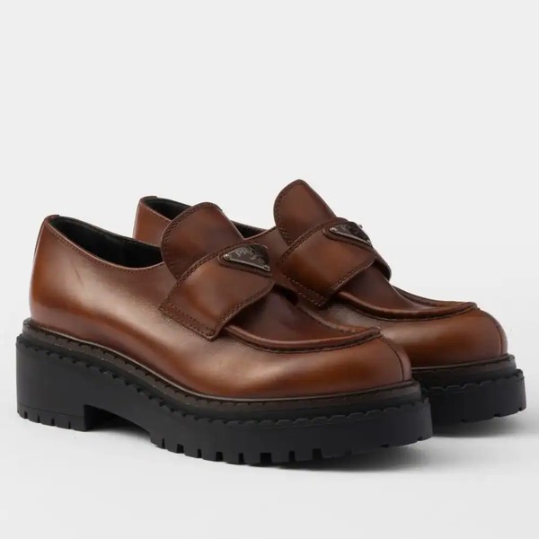 Prada Women's Double Chocolate Loafers in Cognac Leather - PRL013