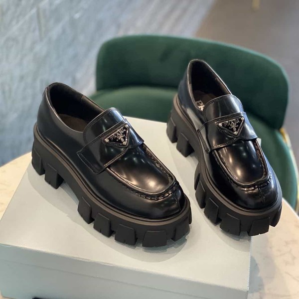 PRADA MONOLITH BRUSHED LEATHER LOAFERS - PRS034