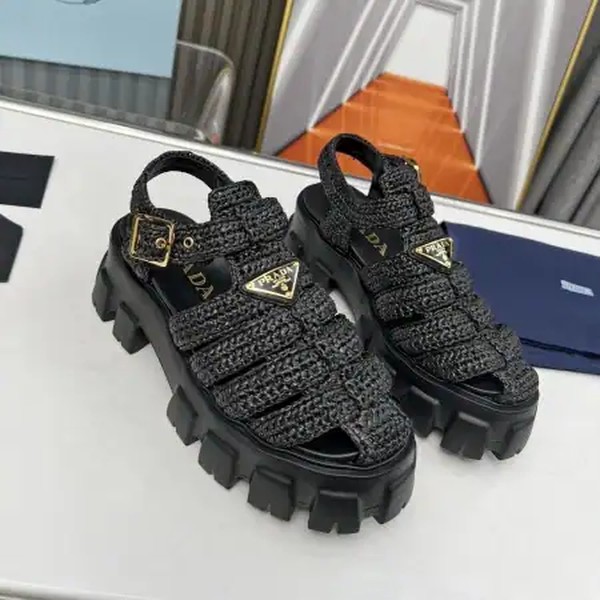 PRADA MONOLITH CROCHET CAGE SANDALS IN BLACK RAFFIA FABRIC - PSD009 - Image 3