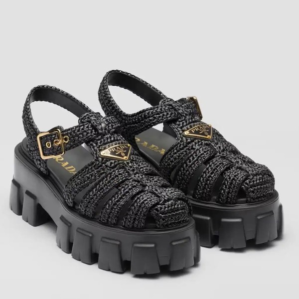 PRADA MONOLITH CROCHET CAGE SANDALS IN BLACK RAFFIA FABRIC - PSD009