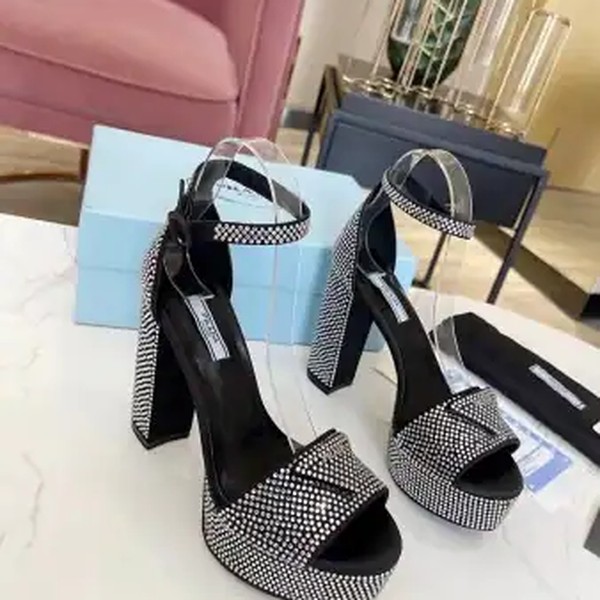 PRADA PLATFORM SANDALS 135MM IN BLACK SATIN WITH CRYSTALS - PSD010 - Image 4