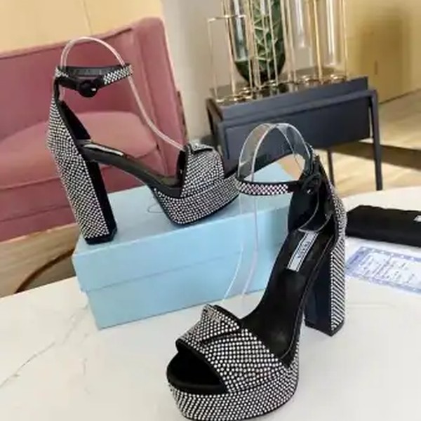 PRADA PLATFORM SANDALS 135MM IN BLACK SATIN WITH CRYSTALS - PSD010 - Image 9