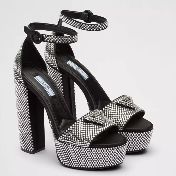 PRADA PLATFORM SANDALS 135MM IN BLACK SATIN WITH CRYSTALS - PSD010