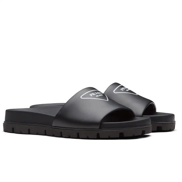 PRADA BLACK LEATHER SLIDES WITH PRINTED TRIANGLE LOGO - PSD088